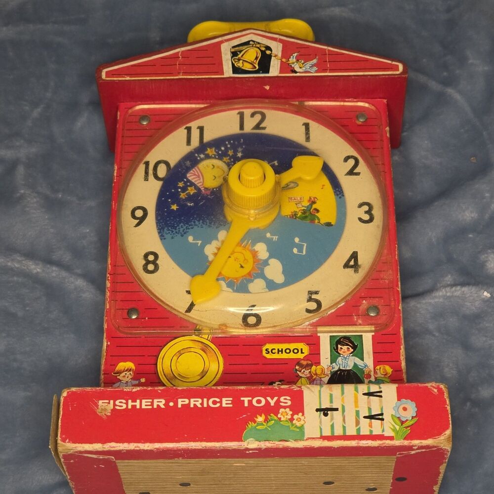 Vintage Fisher-Price Music Box Teaching Clock 1968 USA Works Wood Version